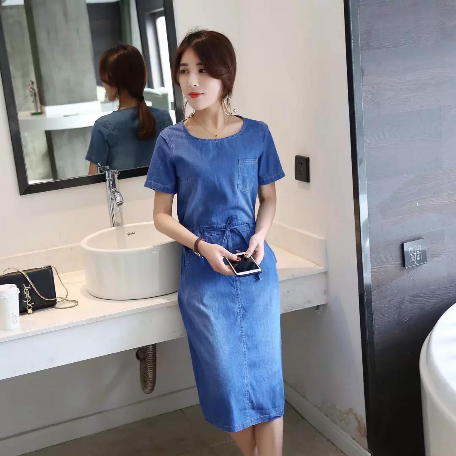 ĐẦM JEAN SUÔNG CỔ TRÒN EO RÚT DÂY- NJ2807